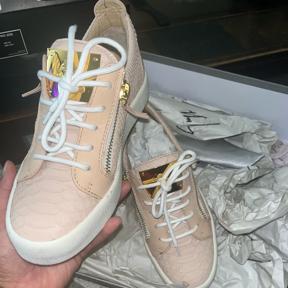 Pink And White Python Embossed Leather Sneaker - image 2